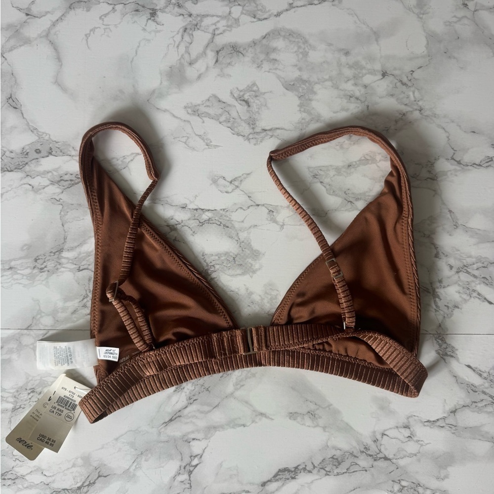 Aerie Rib Plunge V-Neck Plunge Bralette Bikini Top Horizons Shine Brown XXS NWT - Picture 3 of 5